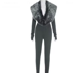 Elegant Gray Jumpsuit with Faux Fur Collar